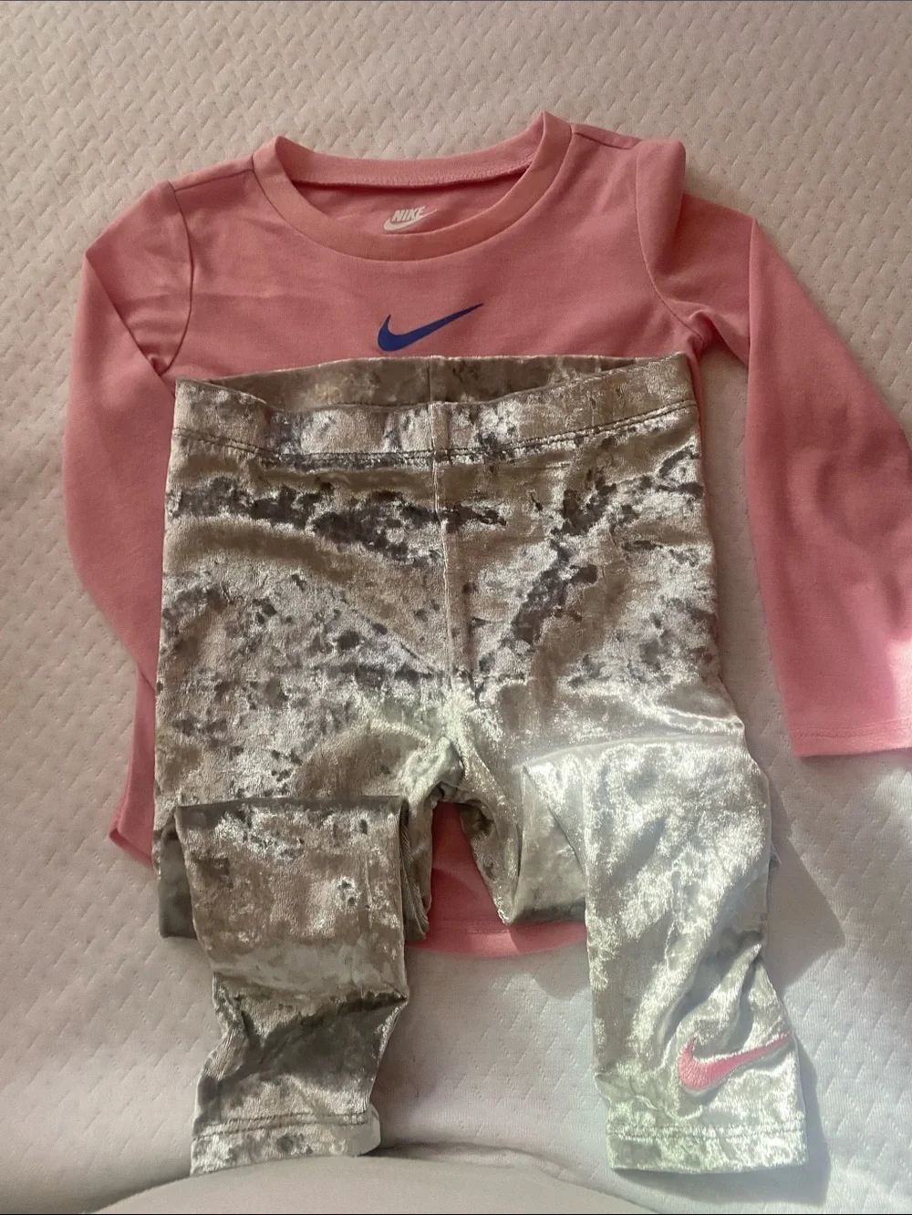 Nike Pink Long Sleeve Top with Silver Velvet Leggings and matching winter vest